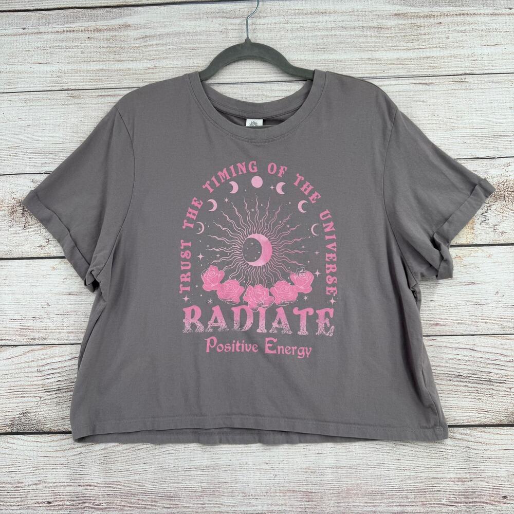 La Luna Radiate Energy Crop T-Shirt Womens XL Gray Pink‎ Short Sleeve India